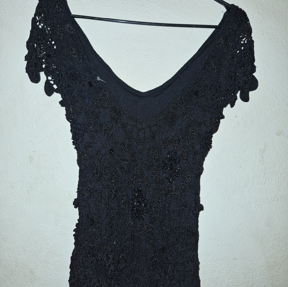 Vintage Black Crochet Lace V-Neck Asymetrical Women’s Dress - Picture 11 of 16
